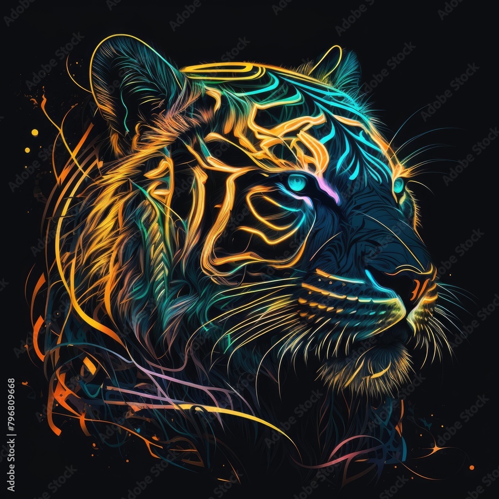 Fototapeta an illustration abstract tiger with intricate details and neon-colored patterns, an abstract neon design of a glowing, set against a dark, abstract background, AI Generative