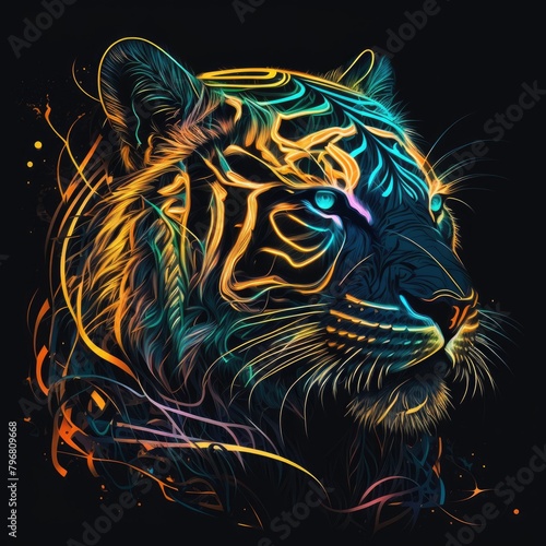 Wallpaper Mural an illustration abstract tiger with intricate details and neon-colored patterns, an abstract neon design of a glowing, set against a dark, abstract background, AI Generative Torontodigital.ca