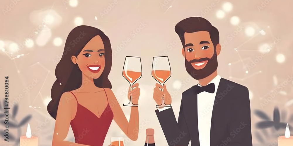 Stylish Couple Toasting to a Cherished Anniversary or Milestone in an Elegant Setting Stylish Couple Toasting to a Cherished Anniversary or Milestone in an Elegant Setting