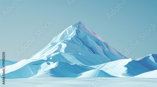 A snow-covered mountain stands tall against a clear blue sky. The pure white snow contrasts with the deep blue of the sky, creating a striking image of natural beauty.