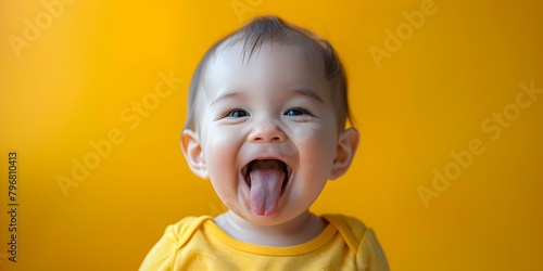 Adorable Toddler Sticking Out Tongue Playfully Exuding Mischievous Joy and Carefree Enthusiasm in Yellow Studio Setting