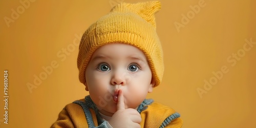 Adorable Baby Boy Making Shushing Gesture with Finger on Lips Keeping a Secretive Curious Expression on Vibrant Orange Background