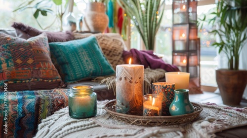 In a bohemianinspired living room an eclectic mix of candles in various sizes and materials adds a unique and eclectic touch. 2d flat cartoon.