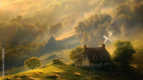 A captivating image of a quaint cottage nestled amidst rolling hills, bathed in the soft light of the morning sun, with wisps of smoke curling from its chimney. photo