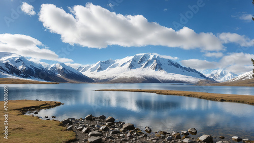  a mountain lake with snow-capped mountains in the background.