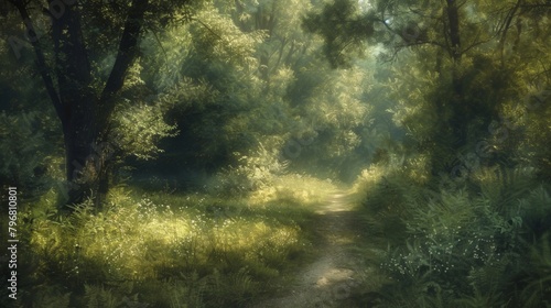 Soft shades of green and brown meld together in a defocused backdrop while a hidden path leads deeper into the sunlit grove. Its hard to resist the allure of this serene and secluded .