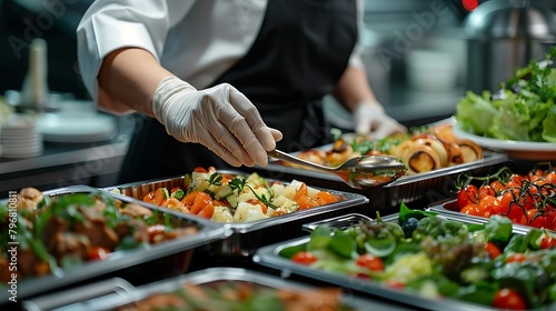 woman hands of a waiter prepare food for a buffet table in a restaurant