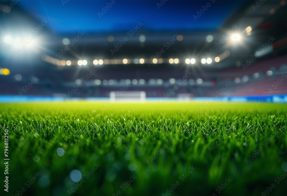 Lawn in the soccer stadium Football stadium with lights Grass close up in sports arena background