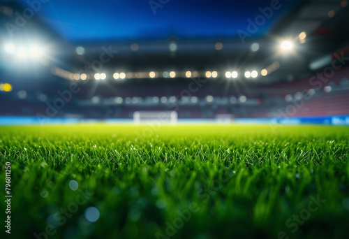 Lawn in the soccer stadium Football stadium with lights Grass close up in sports arena background © FrameFinesse