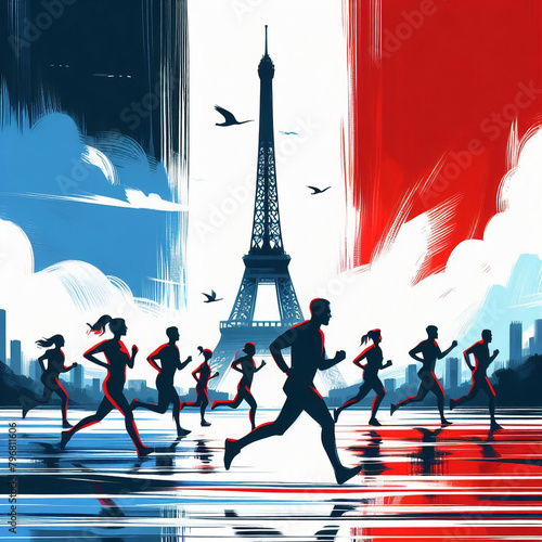 minimalist, artwork painting, dinamic, hand painted, french flag colors, vector, people running, on the background the eifel tower