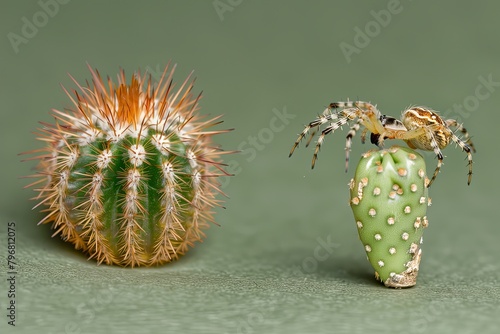 spider sits on a cactus. green background. yellow background. close-up photo