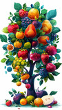 A tree with many fruits on it, including apples, pears, and oranges. The tree is colorful and vibrant, and it gives off a feeling of abundance and freshness