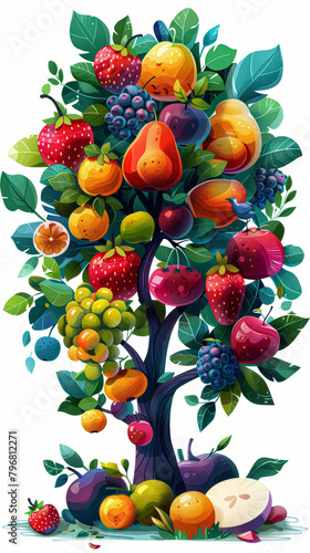 A tree with many fruits on it  including apples  pears  and oranges. The tree is colorful and vibrant  and it gives off a feeling of abundance and freshness