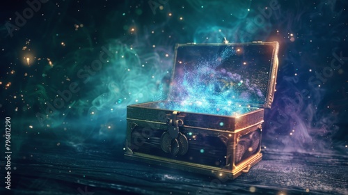 Enchanting Treasure Chest With Glowing Mystical Lights on Wooden Surface. Horizontal background copy space photo