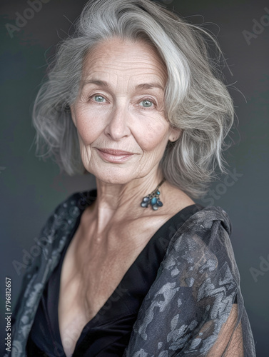 Porträt einer reifen Frau zwischen 60 und 70 Jahre alt. KI generiert. photo