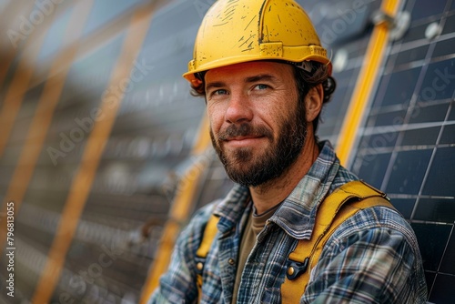 A confident solar panel installer with a yellow safety helmet standing in front of solar panels