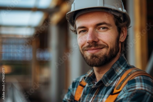Smiling male construction worker with safety helmet posing for a close-up portrait on a construction site