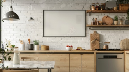 Modern Kitchen Interior with Elegant White Brick Wall and Wooden Shelves. Horizontal white picture mock up with space for text.