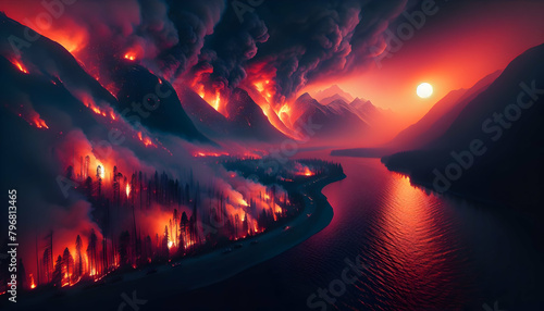 Vivid Wildfire Warning Visuals: A Stark Reminder of Global Warming's Menace and Carbon Pollution's Impact - Realistic Photo Stock Concept photo