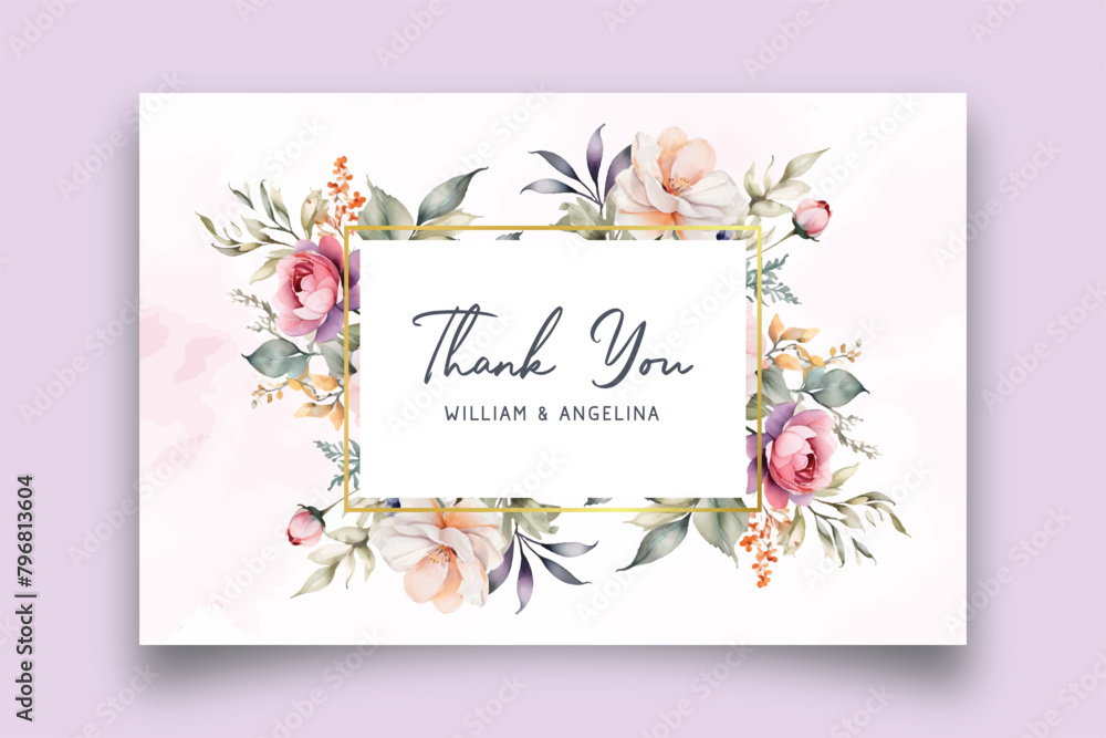 Vector thankyou card with colorful floral watercolor background