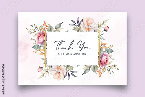 Vector thankyou card with colorful floral watercolor background