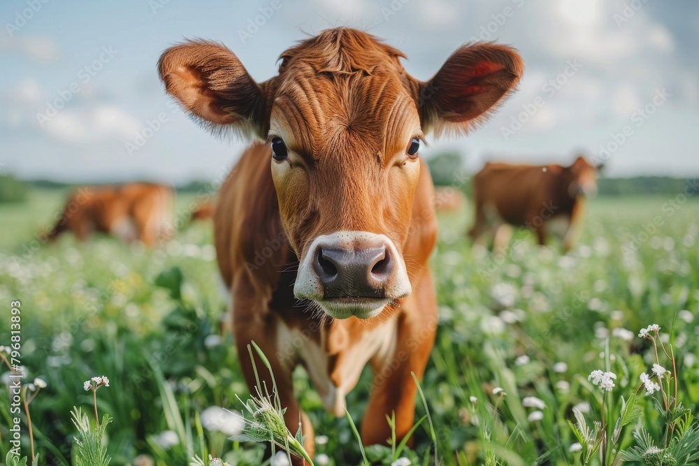 A brown cow with captivating eyes stands out in verdant surroundings, its gaze connecting with the viewer amidst a field of other cows A brown cow with captivating eyes stands out in verdant surroundings, its gaze connecting with the viewer amidst a field of other cows