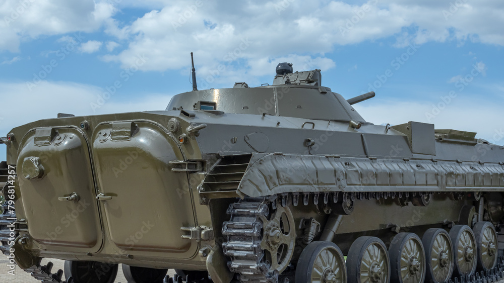 Tracked infantry fighting vehicle for the transportation of personnel. A Russian armored combat vehicle for transporting shooters and fire support. The doors of the troop compartment. Tracked infantry fighting vehicle for the transportation of personnel. A Russian armored combat vehicle for transporting shooters and fire support. The doors of the troop compartment.