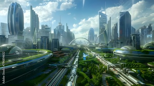 Utopian Future City A HighTech Landscape Harmonizing Architecture and Green Spaces Generative ai