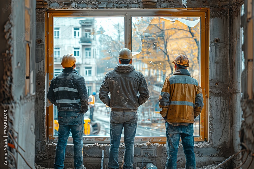 Three builders in safety equipment look out onto the street through a building frame, symbolizing future prospects and teamwork in construction