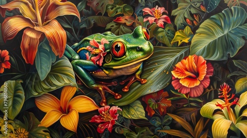 A classic oil painting depicting an emerald glass frog nestled among tropical flowers, its vibrant colors contrasting with the lush greenery. photo