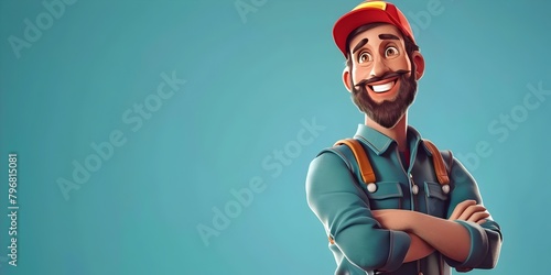 A friendly and approachable electrician character dressed in a blue uniform and cap stands with his arms crossed and a warm smile photo