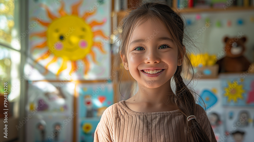 A happy smiling girl with long hair on the background of her bright funny pictures A happy smiling girl with long hair on the background of her bright funny pictures