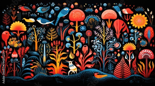 A graphics featuring a colorful circular composition of animals, flowers, and small shapes in the style of irregular organic forms inspired by the traditional oceanic art, AI Generative photo