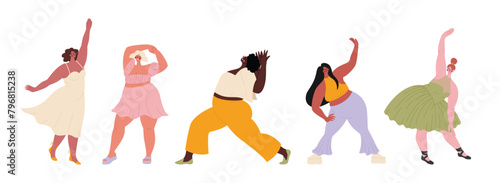 Plus size women dancing. Body positive people in motion. Curvy female body. Plus size fashion