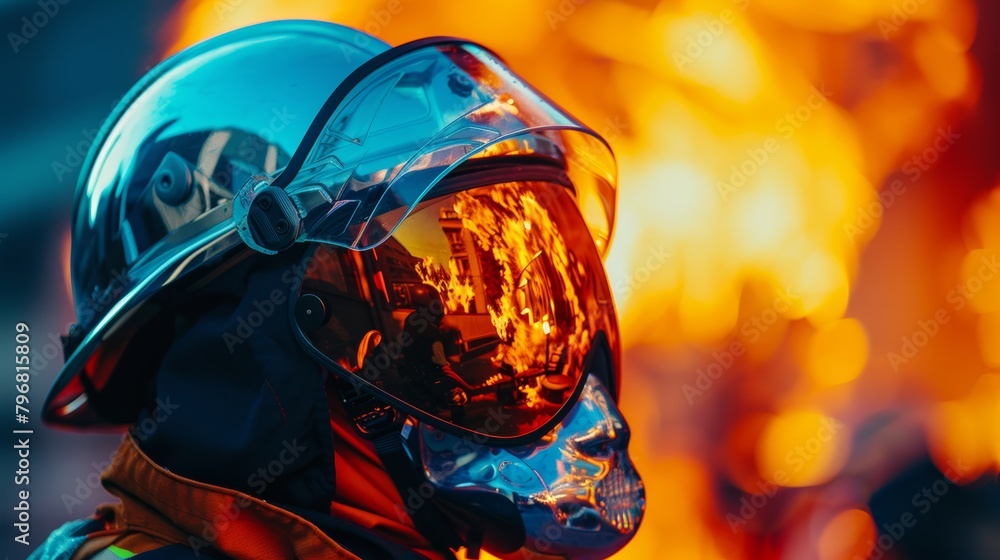 A close-up of a firefighter's helmet reflecting the dancing flames, capturing the raw power and danger of the fire.