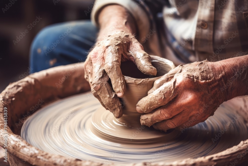 A skilled artisan carefully sculpting a clay pot on a pottery wheel