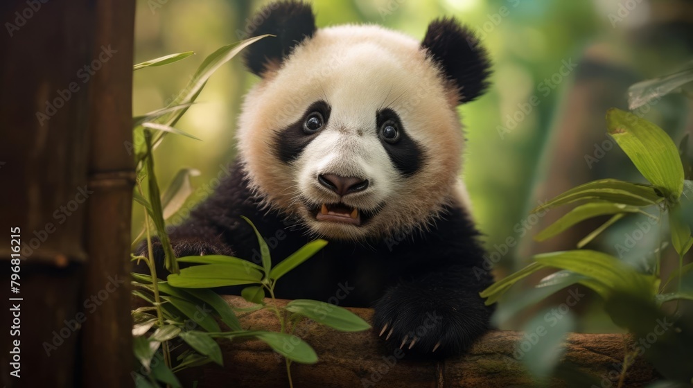Obraz premium A playful panda cub climbing a small tree