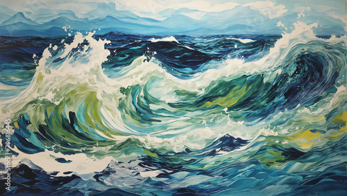 an abstract painting of ocean waves. The colors are blue, green, and white. The waves are crashing against each other. The painting is done in a realistic style.