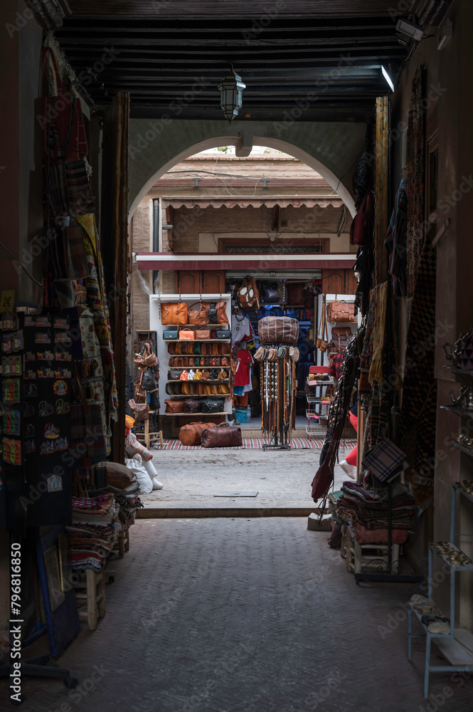 View of a souvenir shop, located in the souk in the medina of Marrakech, Morocco. A souq or souk is a marketplace or commercial quarter in North Africa
