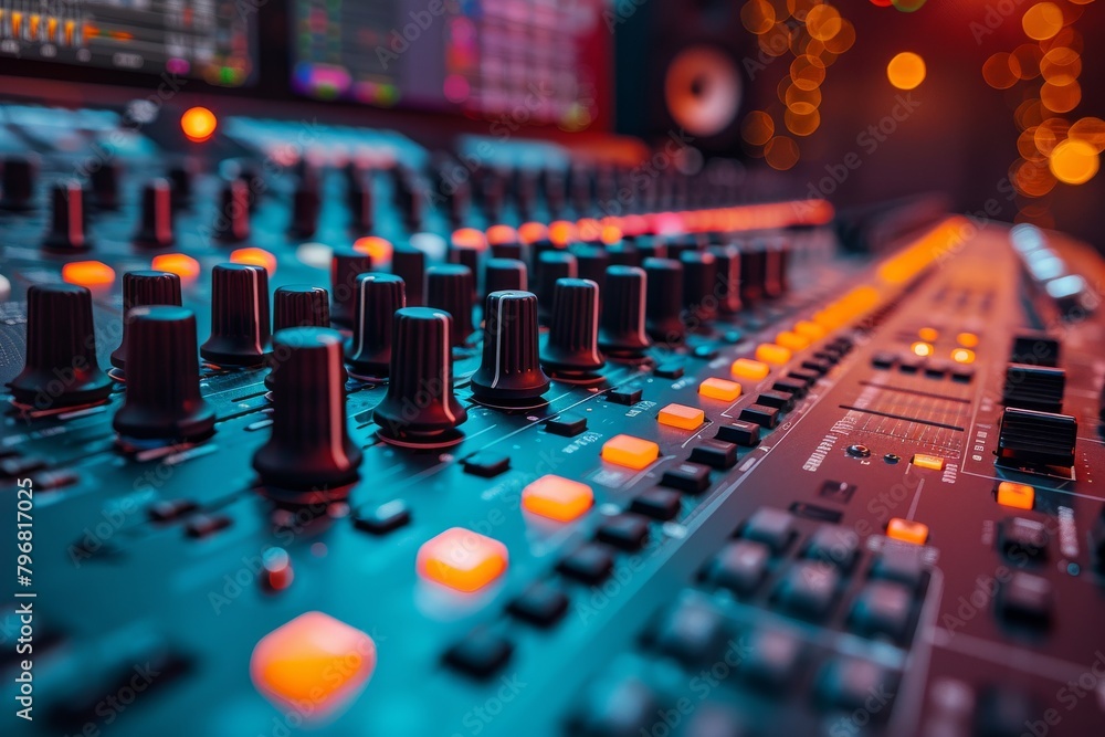 A vibrant close-up of a professional sound mixing console emphasizing the knobs and sliders for music production A vibrant close-up of a professional sound mixing console emphasizing the knobs and sliders for music production