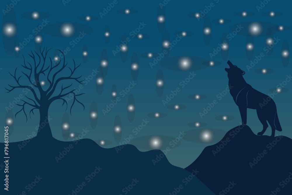 Fototapeta premium Vector illustration of nighttime wolf with stars.