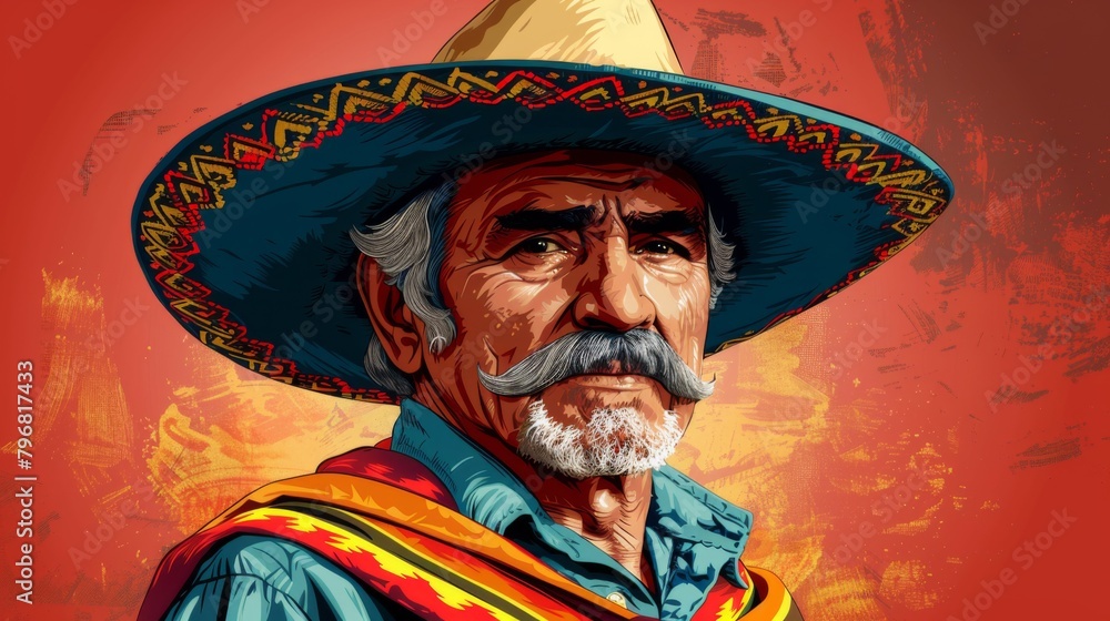 A painting of a mexican man in sombrero and mustache, AI A painting of a mexican man in sombrero and mustache, AI