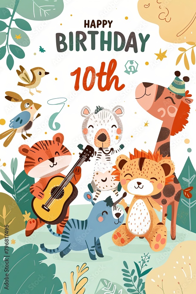 Naklejka premium A heartwarming 10th birthday card showcasing a delightful animal band, perfect for a child's milestone celebration.