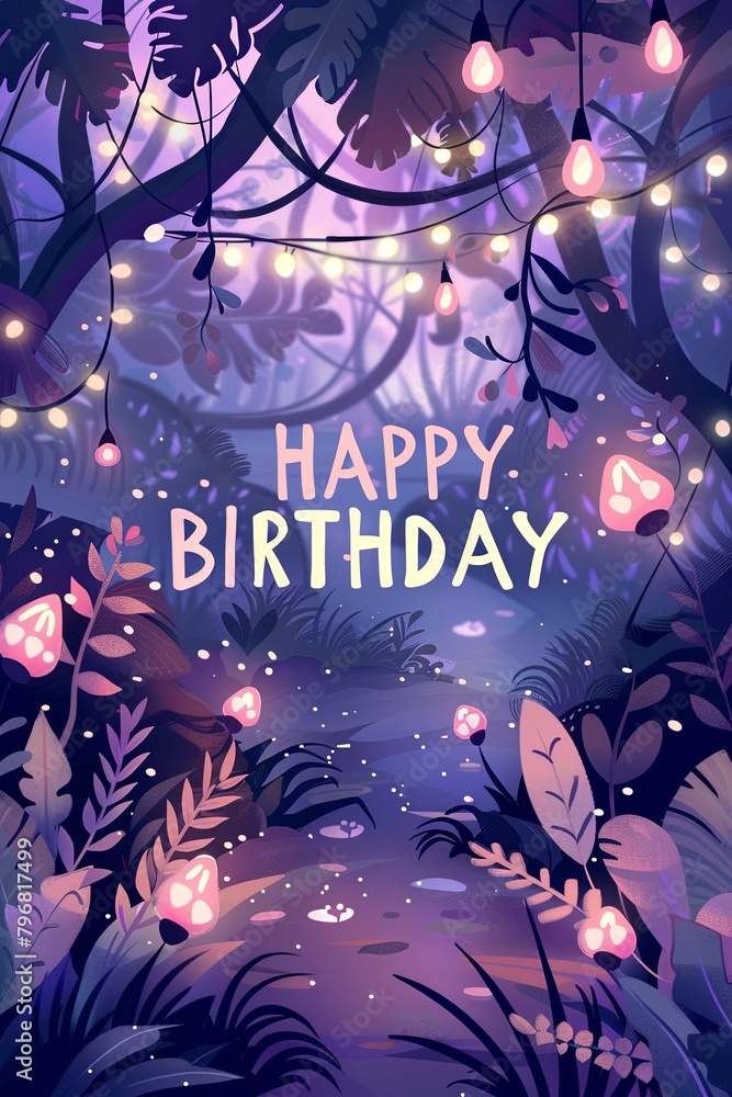 Fototapeta premium Celebrate with this mystical night-themed birthday card, featuring a magical forest lit by whimsical lanterns.