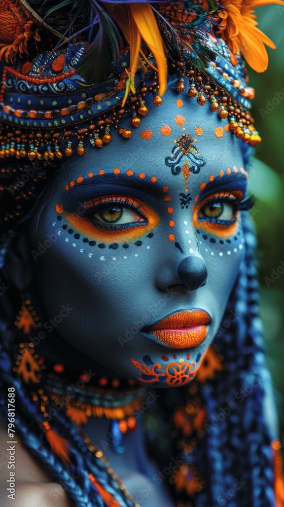 A woman with blue face paint and orange hair wearing a headdress, AI