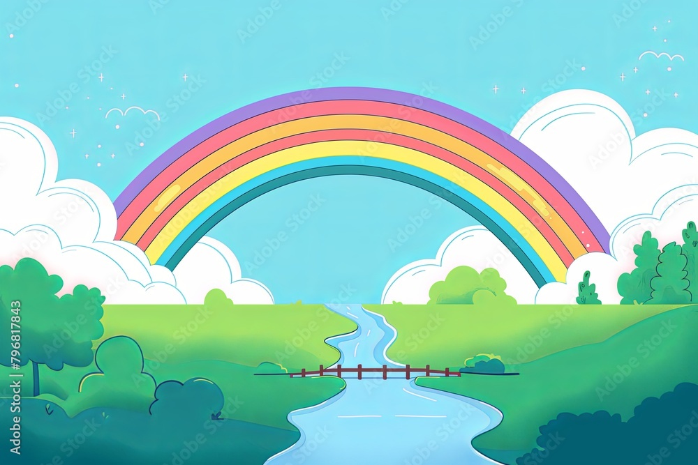 A vibrant rainbow stretches across a serene countryside scene with a river flowing under a bridge, invoking a sense of peace.