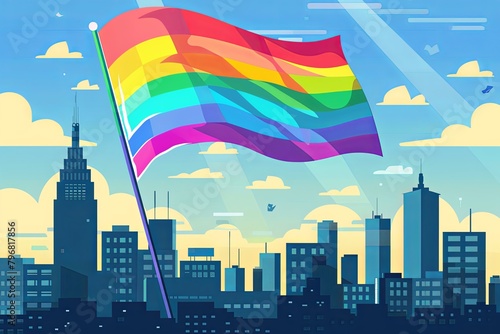 A large pride flag waves proudly over a city skyline, symbolizing unity and pride in an urban setting.