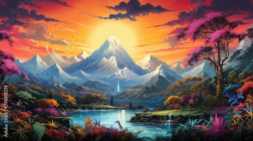 a old world illustration with mountains on the background, AI Generative