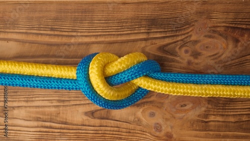 Yellow and blue colored ropes twisted and tied up creating knot, isolated on wooden background, close up shot. Two ropes tied in a knot, top view.
