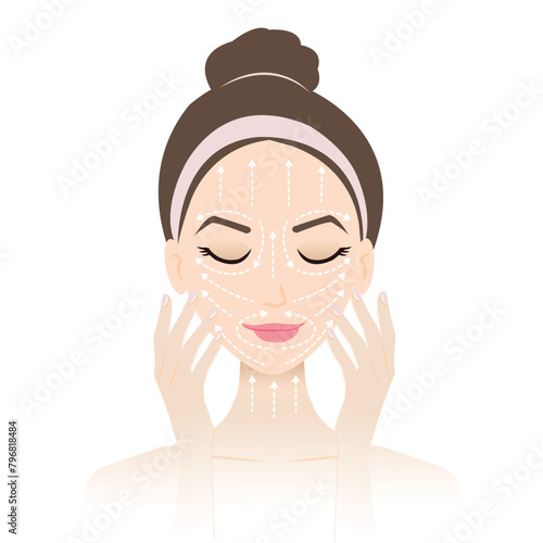 Basic self facial massage lines on woman face vector illustration isolated on white background. Massage smoothly with gentle motions from the forehead down to the bottom of the neck. Beauty concept.